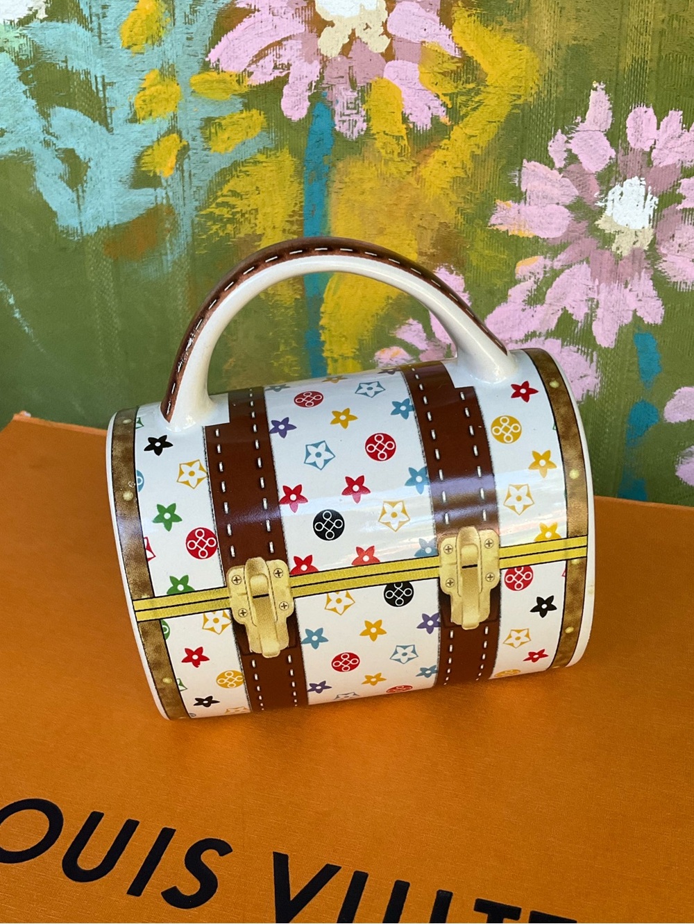 White Mini Coffees Mug Trunk with Multicolor Monogram Print - Picture 2 of 10